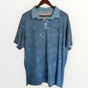 COLUMBIA OMNI SHADE Men's X-Large Blue All Over Print Polo Shirt Fishing…